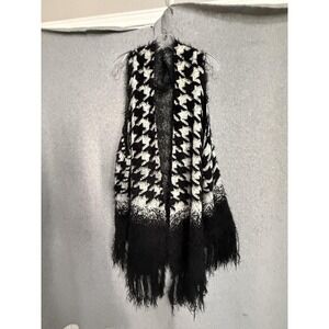 Investments Vest Womens 3X Black White Houndstooth Fringe Open Knit Longline